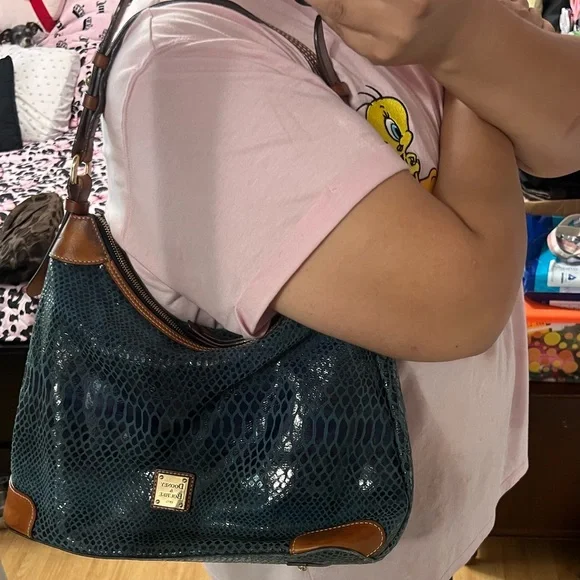 Dooney & Bourke Erica 90s Hobo Bag Snake Embossed Navy Blue Leather Suede Purse - Picture 4 of 11